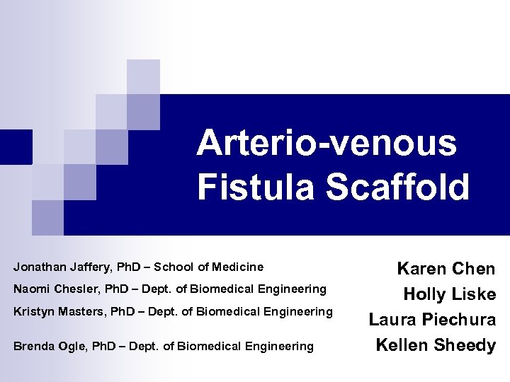 Arterio-venous Fistula Scaffold Jonathan Jaffery, Ph. D – School of Medicine Naomi Chesler, Ph.