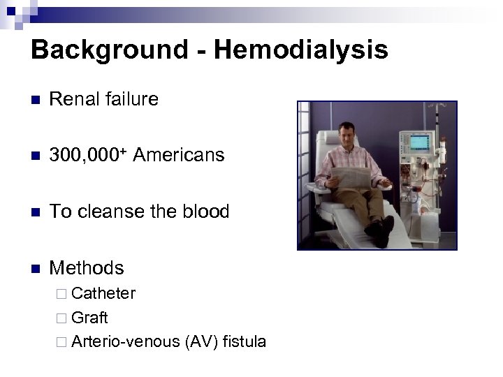 Background - Hemodialysis n Renal failure n 300, 000+ Americans n To cleanse the