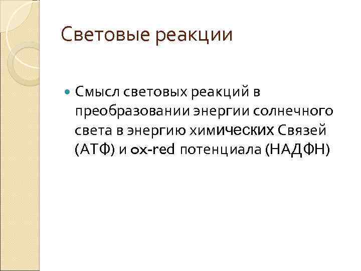 Световые реакции Смысл световых реакций в преобразовании энергии солнечного света в энергию химических Связей