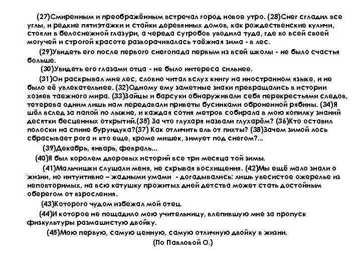 (27)Смиренным и преображённым встречал город новое утро. (28)Снег сгладил все углы, и редкие пятиэтажки