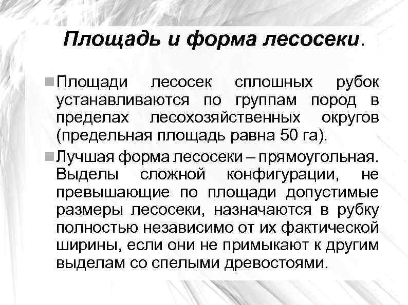 Площадь и форма лесосеки. Площади лесосек сплошных рубок устанавливаются по группам пород в пределах