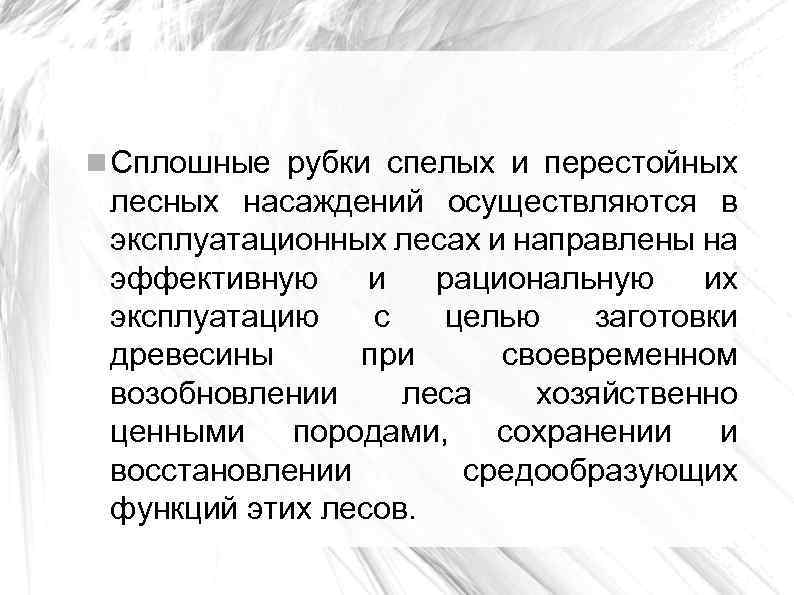  Сплошные рубки спелых и перестойных лесных насаждений осуществляются в эксплуатационных лесах и направлены