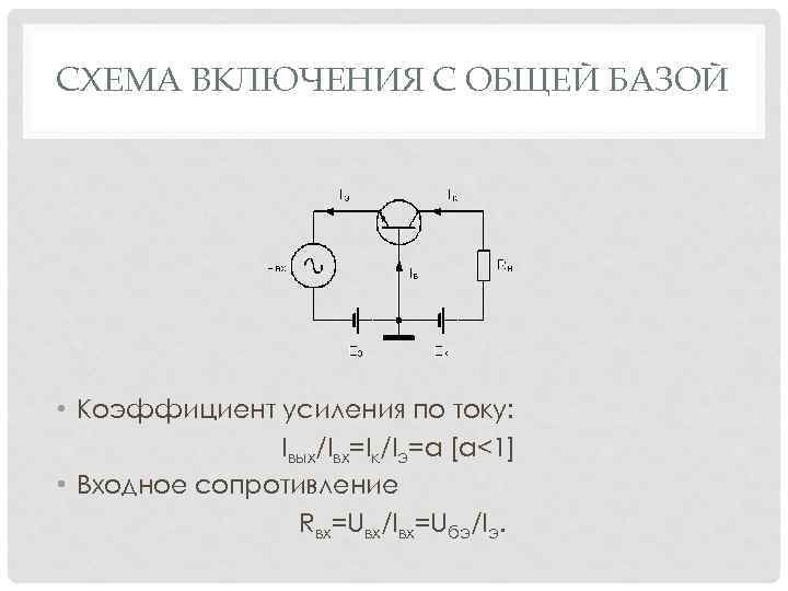 СХЕМА ВКЛЮЧЕНИЯ С ОБЩЕЙ БАЗОЙ • Коэффициент усиления по току: Iвых/Iвх=Iк/Iэ=α [α<1] • Входное