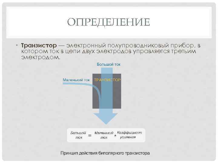 ОПРЕДЕЛЕНИЕ • Транзистор — электронный полупроводниковый прибор, в котором ток в цепи двух электродов