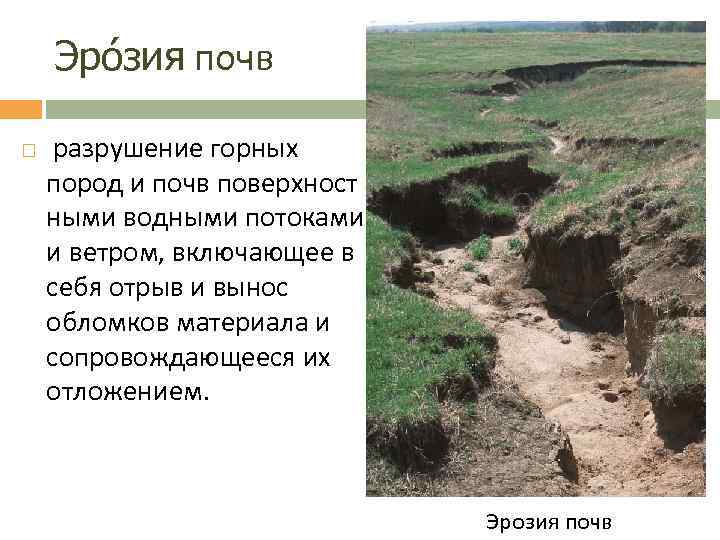 Эро зия почв разрушение горных пород и почв поверхност ными водными потоками и ветром,