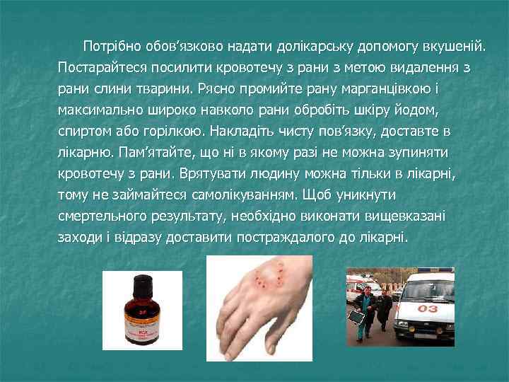  Потрібно обов’язково надати долікарську допомогу вкушеній. Постарайтеся посилити кровотечу з рани з метою