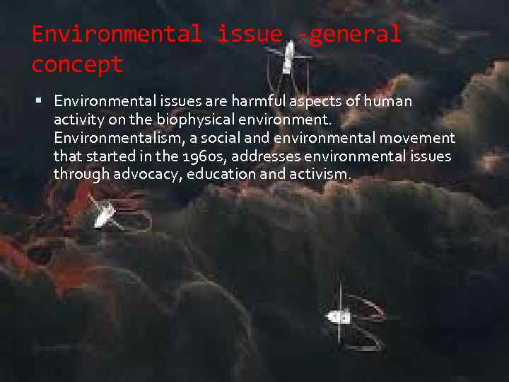 Environmental issue -general concept Environmental issues are harmful aspects of human activity on the