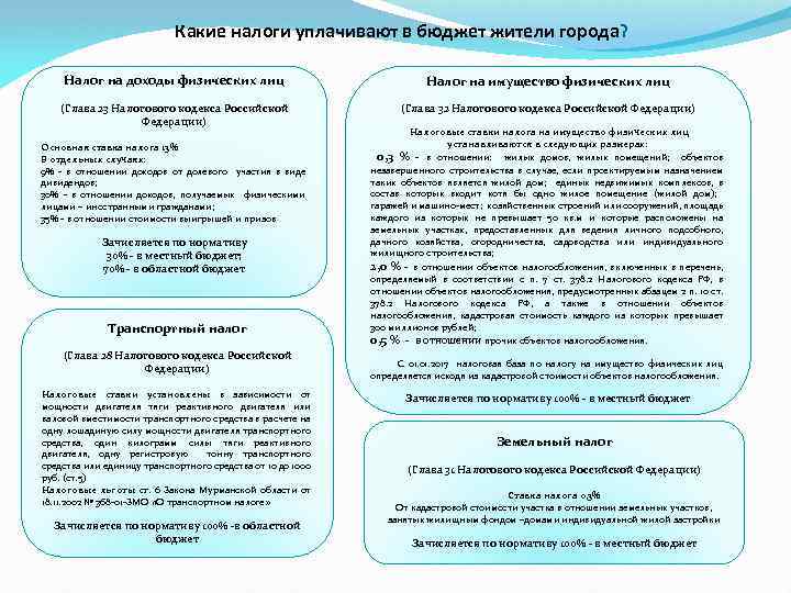 Какие налоги уплачивают в бюджет жители города? Налог на доходы физических лиц Налог на