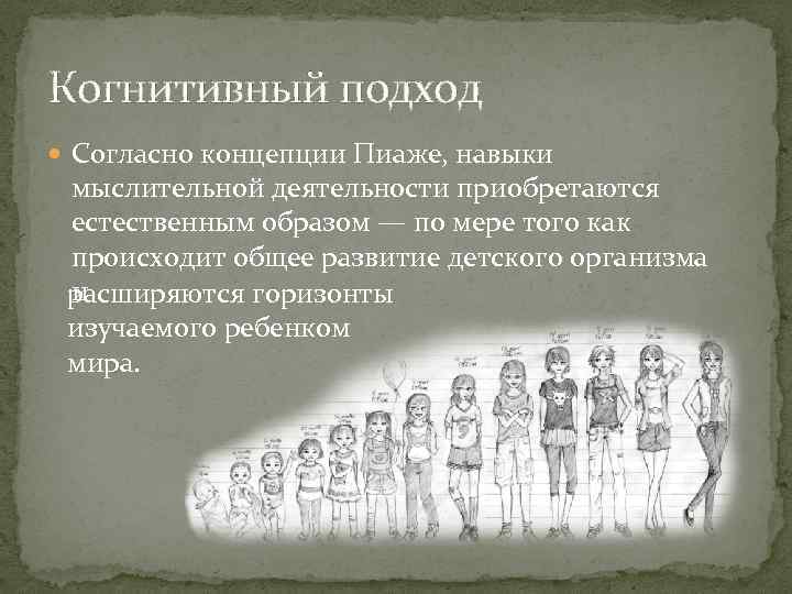 Когнитивный подход Согласно концепции Пиаже, навыки мыслительной деятельности приобретаются естественным образом — по мере