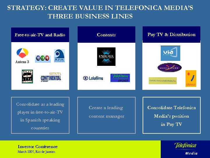 STRATEGY: CREATE VALUE IN TELEFONICA MEDIA’S THREE BUSINESS LINES Free-to-air-TV and Radio Pay TV
