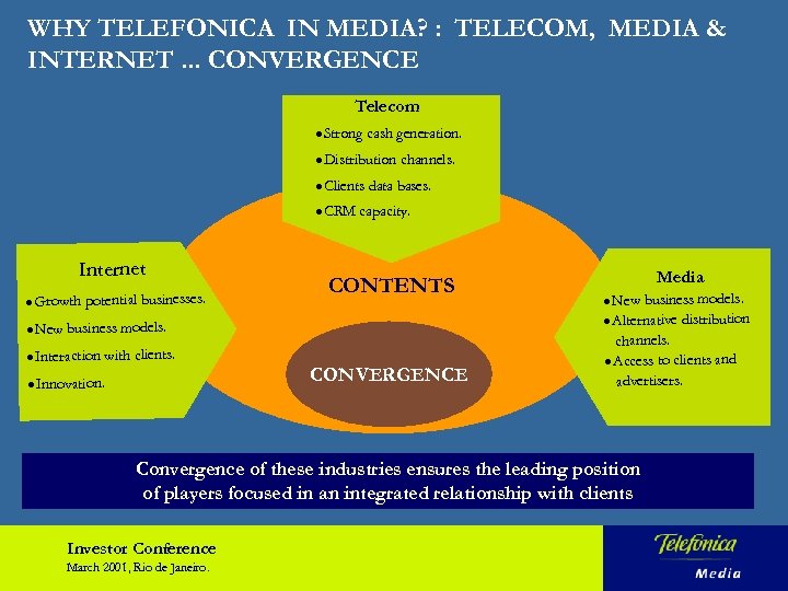 WHY TELEFONICA IN MEDIA? : TELECOM, MEDIA & INTERNET. . . CONVERGENCE Telecom l
