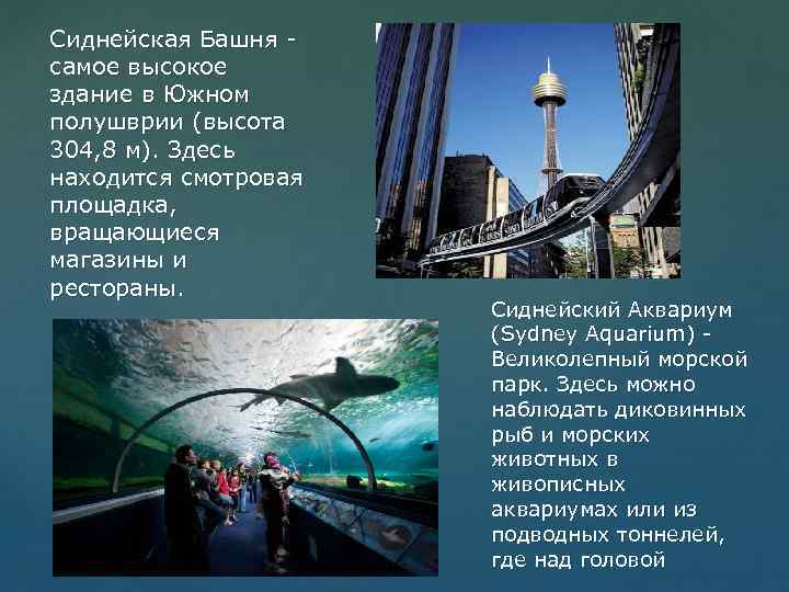 Сиднейская Башня самое высокое здание в Южном полушврии (высота 304, 8 м). Здесь находится