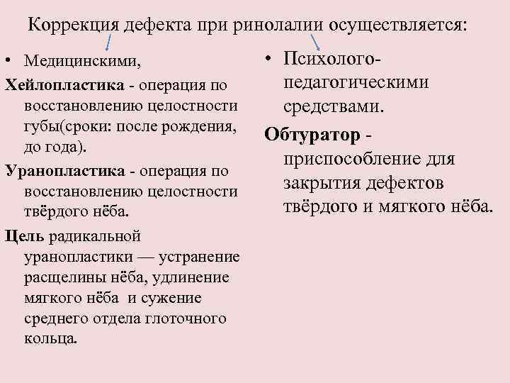 Коррекция дефекта при ринолалии осуществляется: • Медицинскими, Хейлопластика операция по восстановлению целостности губы(сроки: после