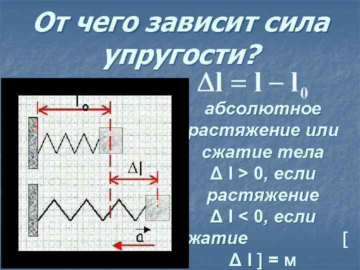 От чего зависит сила упругости? абсолютное растяжение или сжатие тела Δ l > 0,