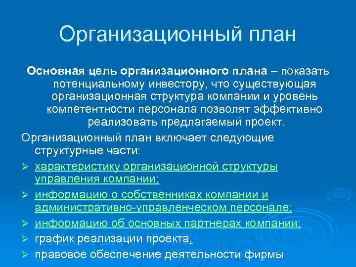 Структура и содержание организационного плана