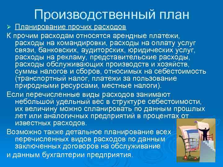 Производственный план Планирование прочих расходов К прочим расходам относятся арендные платежи, расходы на командировки,