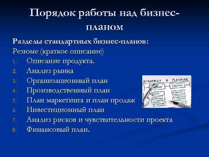 Порядок работы над бизнеспланом Разделы стандартных бизнес-планов: Резюме (краткое описание) 1. Описание продукта. 2.