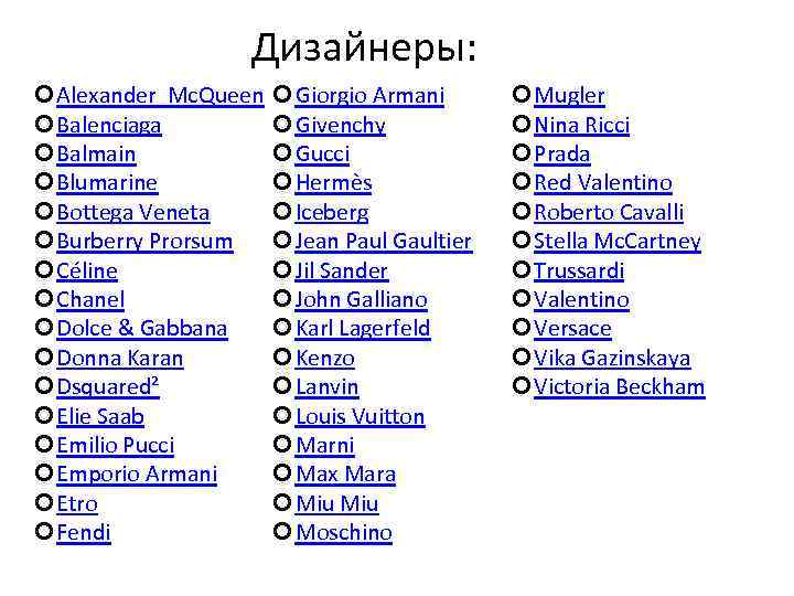 Дизайнеры: Alexander Mc. Queen Giorgio Armani Givenchy Balenciaga Gucci Balmain Blumarine Hermès Bottega Veneta