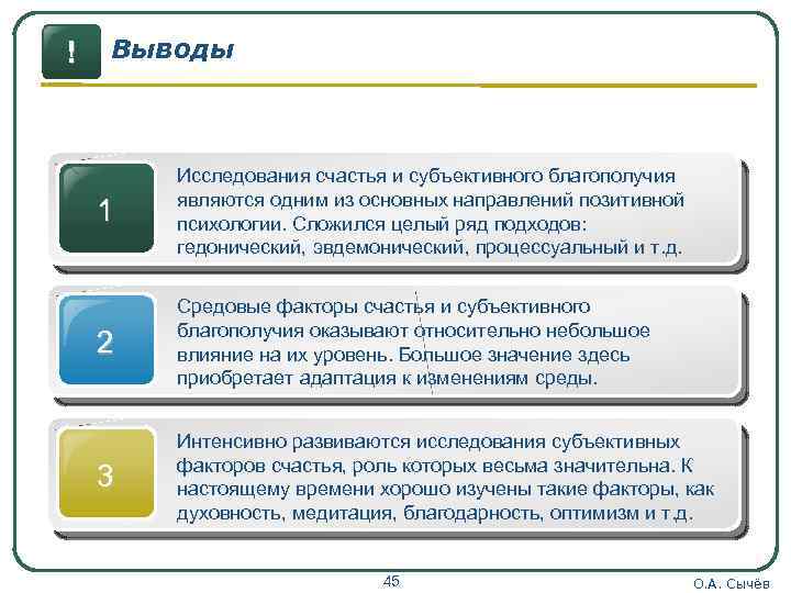 ! Выводы 1 Исследования счастья и субъективного благополучия являются одним из основных направлений позитивной