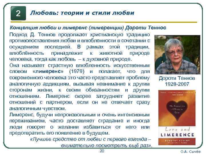 Любовь: теории и стили любви Концепция любви и лимеренс (лимеренции) Дороти Теннов Подход Д.