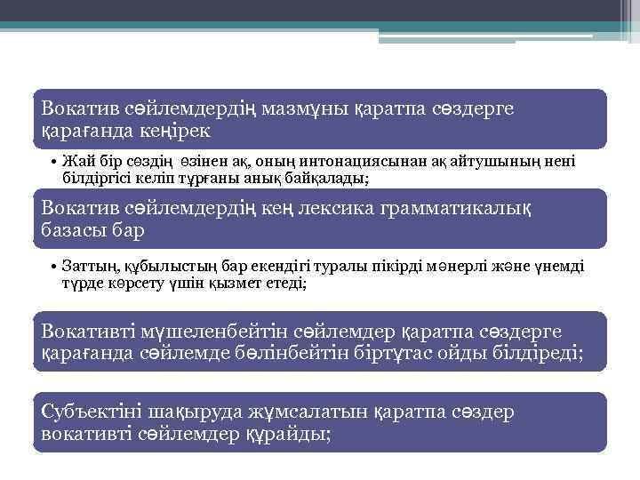 Вокатив сөйлемдердің мазмұны қаратпа сөздерге қарағанда кеңірек • Жай бір сөздің өзінен ақ, оның