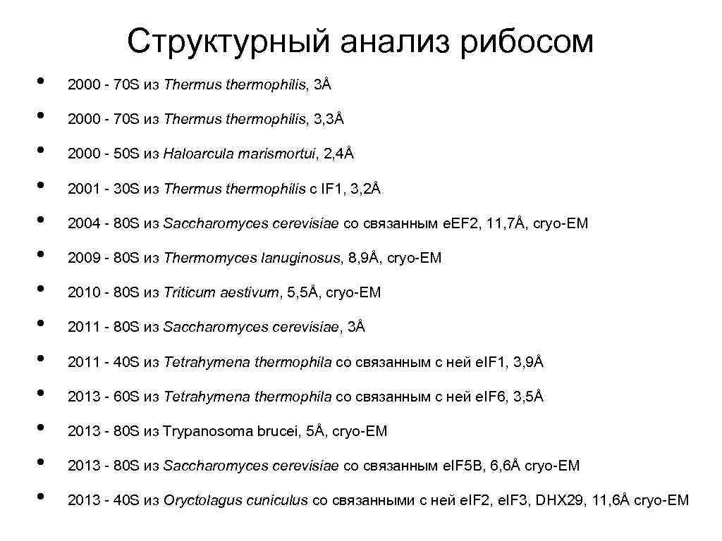 Структурный анализ рибосом • • • • 2000 - 70 S из Thermus thermophilis,