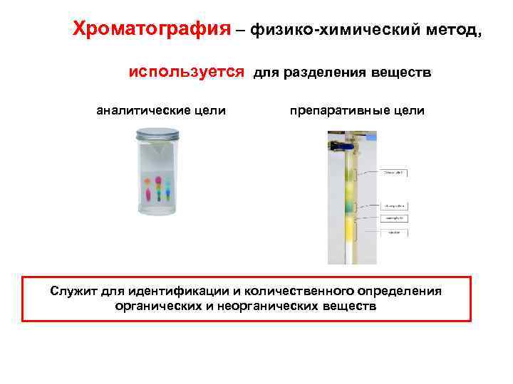 Хроматография – физико-химический метод, используется для разделения веществ аналитические цели препаративные цели Служит для