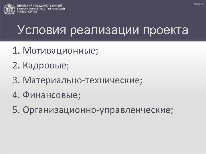 Условия реализации проекта 1. Мотивационные; 2. Кадровые; 3. Материально-технические; 4. Финансовые; 5. Организационно-управленческие; 