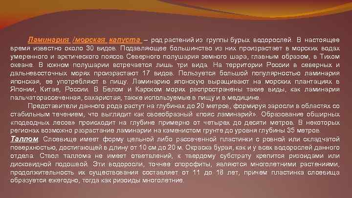 Ламинария /морская капуста – род растений из группы бурых водорослей. В настоящее время известно