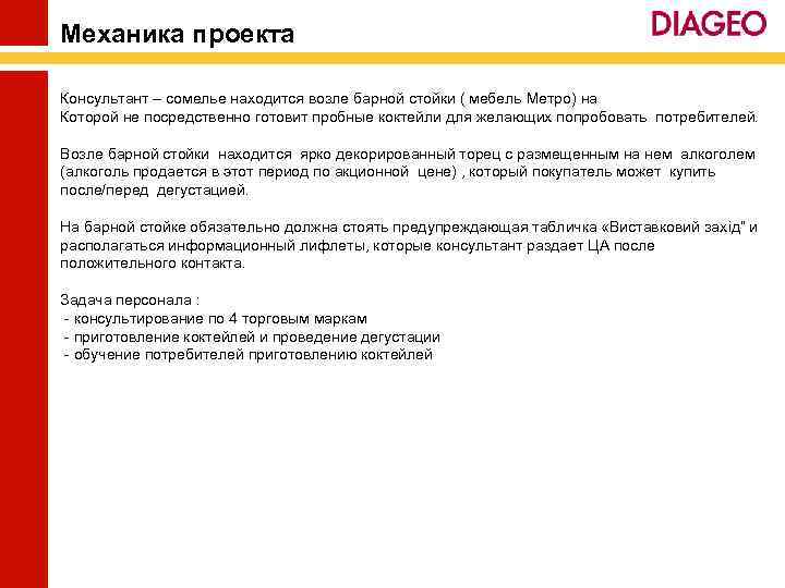 Механика проекта Консультант – сомелье находится возле барной стойки ( мебель Метро) на Которой