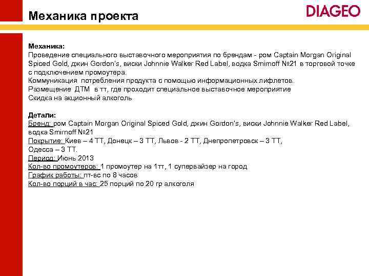 Механика проекта Механика: Проведение специального выставочного мероприятия по брендам - ром Captain Morgan Original