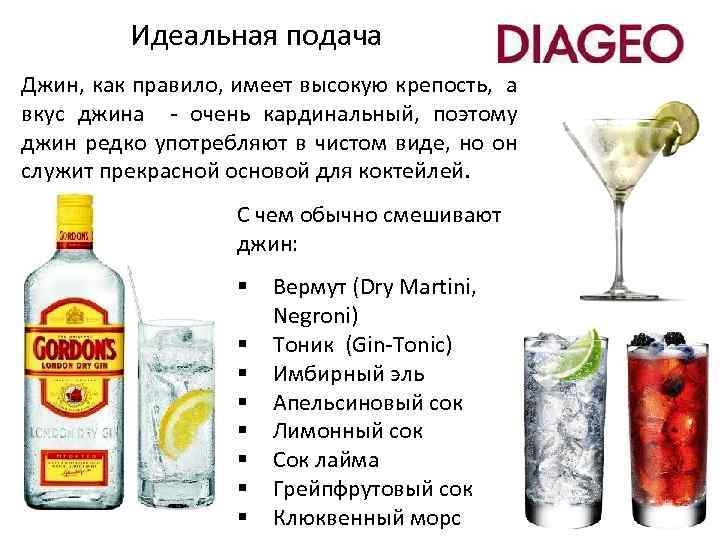 Идеальная подача Джин, как правило, имеет высокую крепость, а вкус джина - очень кардинальный,