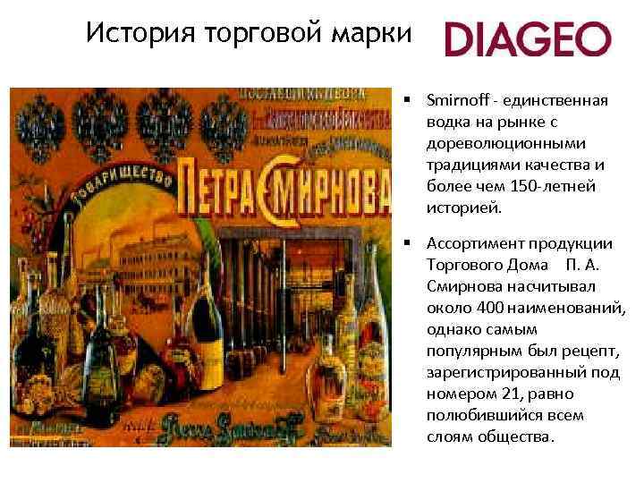 История торговой марки § Smirnoff - единственная водка на рынке с дореволюционными традициями качества