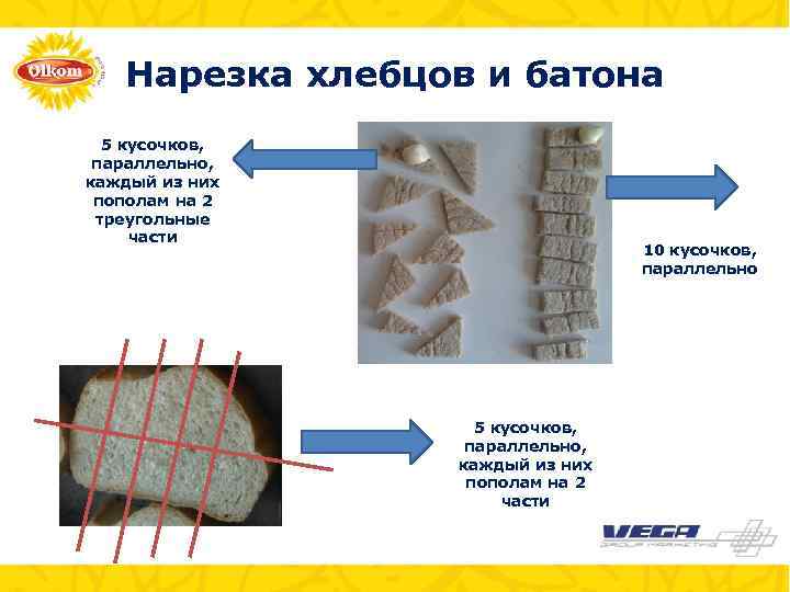 Нарезка хлебцов и батона 5 кусочков, параллельно, каждый из них пополам на 2 треугольные