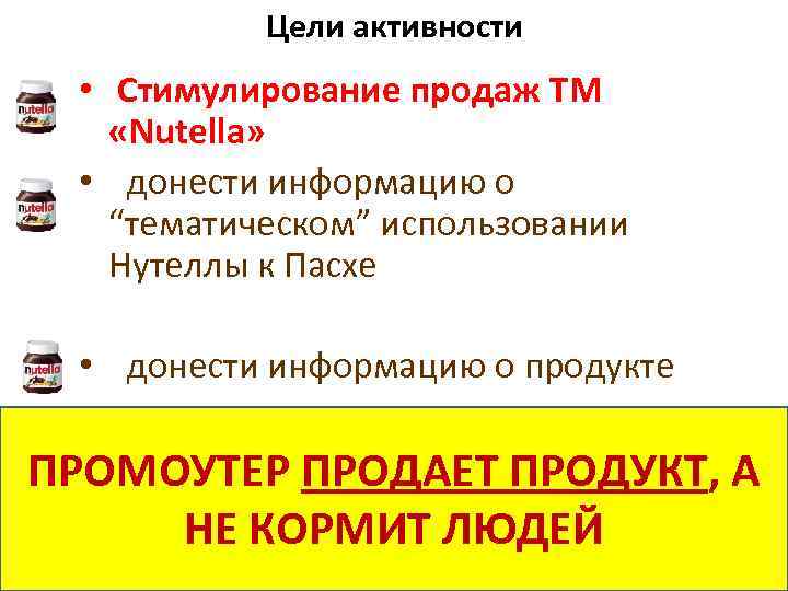 Цели активности • Стимулирование продаж ТМ «Nutella» • донести информацию о “тематическом” использовании Нутеллы
