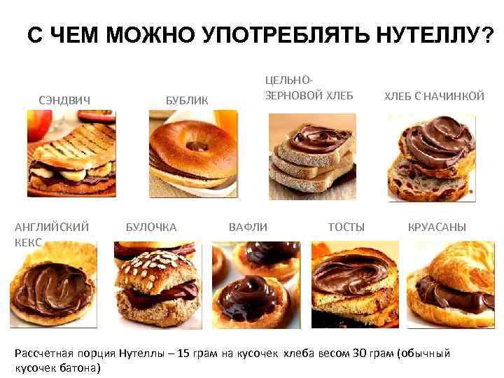 С ЧЕМ МОЖНО УПОТРЕБЛЯТЬ НУТЕЛЛУ? СЭНДВИЧ АНГЛИЙСКИЙ КЕКС БУБЛИК БУЛОЧКА ЦЕЛЬНОЗЕРНОВОЙ ХЛЕБ ВАФЛИ ТОСТЫ