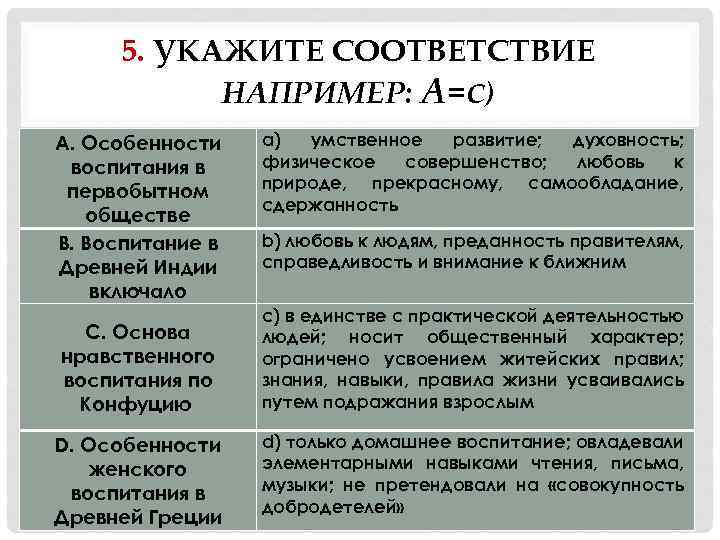 5. УКАЖИТЕ СООТВЕТСТВИЕ НАПРИМЕР: А=C) А. Особенности воспитания в первобытном обществе В. Воспитание в