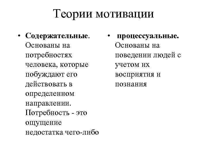 Теории мотивации • Содержательные. Основаны на потребностях человека, которые побуждают его действовать в определенном