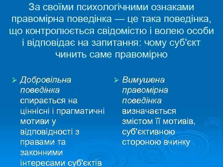 За своїми психологічними ознаками правомірна поведінка — це така поведінка, що контролюється свідомістю і