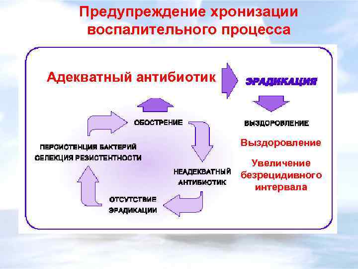 Предупреждение хронизации воспалительного процесса Адекватный антибиотик Выздоровление Увеличение безрецидивного интервала 