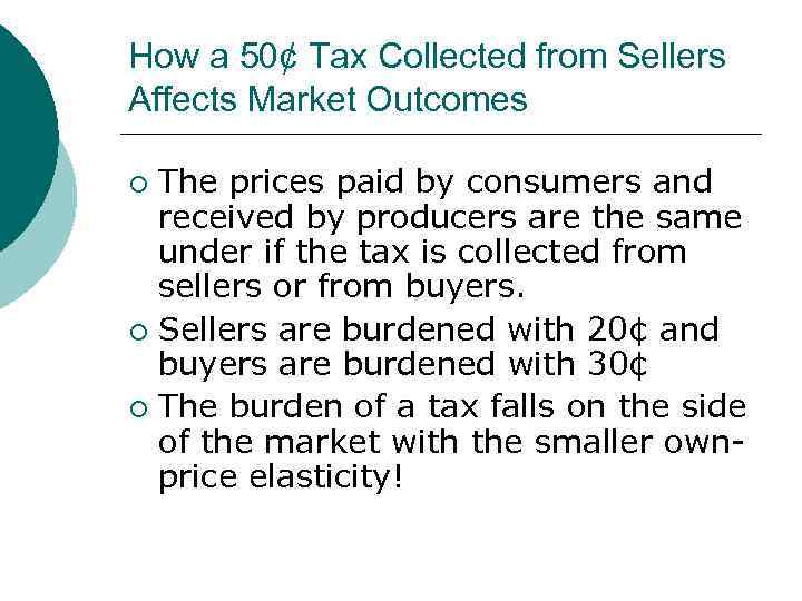 MB MC How a 50¢ Tax Collected from Sellers Affects Market Outcomes The prices