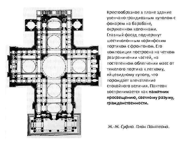 Крестообразное в плане здание увенчано грандиозным куполом с фонарем на барабане, окруженном колоннами. Главный