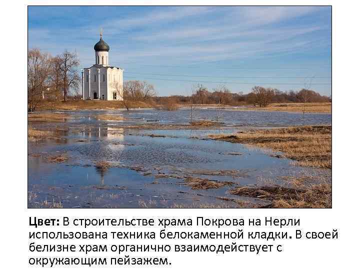 Цвет: В строительстве храма Покрова на Нерли использована техника белокаменной кладки. В своей белизне