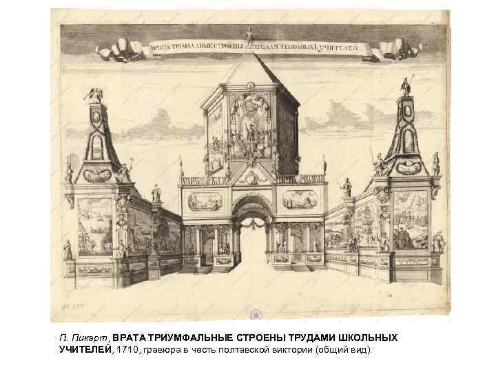 П. Пикарт, ВРАТА ТРИУМФАЛЬНЫЕ СТРОЕНЫ ТРУДАМИ ШКОЛЬНЫХ УЧИТЕЛЕЙ, 1710, гравюра в честь полтавской виктории