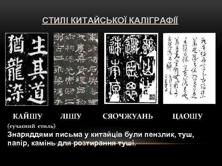 СТИЛІ КИТАЙСЬКОЇ КАЛІГРАФІЇ КАЙШУ ЛІШУ СЯОЧЖУАНЬ ЦАОШУ (сучасний стиль) Знаряддями письма у китайців були
