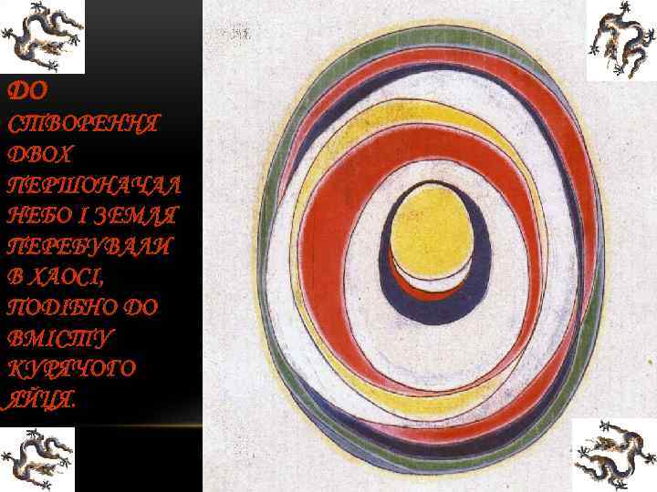 ДО СТВОРЕННЯ ДВОХ ПЕРШОНАЧАЛ НЕБО І ЗЕМЛЯ ПЕРЕБУВАЛИ В ХАОСІ, ПОДІБНО ДО ВМІСТУ КУРЯЧОГО
