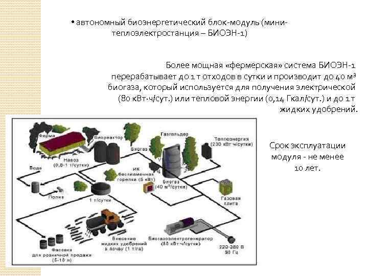  • автономный биоэнергетический блок-модуль (минитеплоэлектростанция – БИОЭН-1) Более мощная «фермерская» система БИОЭН-1 перерабатывает