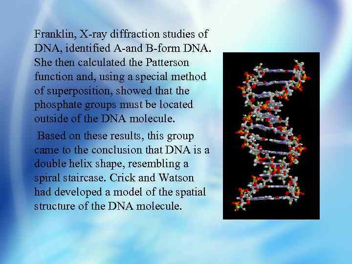 Franklin, X-ray diffraction studies of DNA, identified A-and B-form DNA. She then calculated the