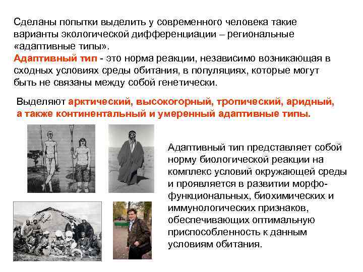 Сделаны попытки выделить у современного человека такие варианты экологической дифференциации – региональные «адаптивные типы»