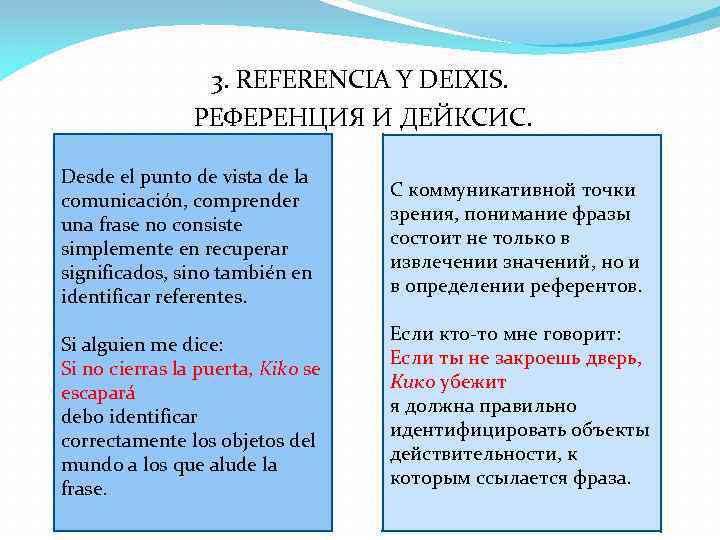 3. REFERENCIA Y DEIXIS. РЕФЕРЕНЦИЯ И ДЕЙКСИС. Desde el punto de vista de la